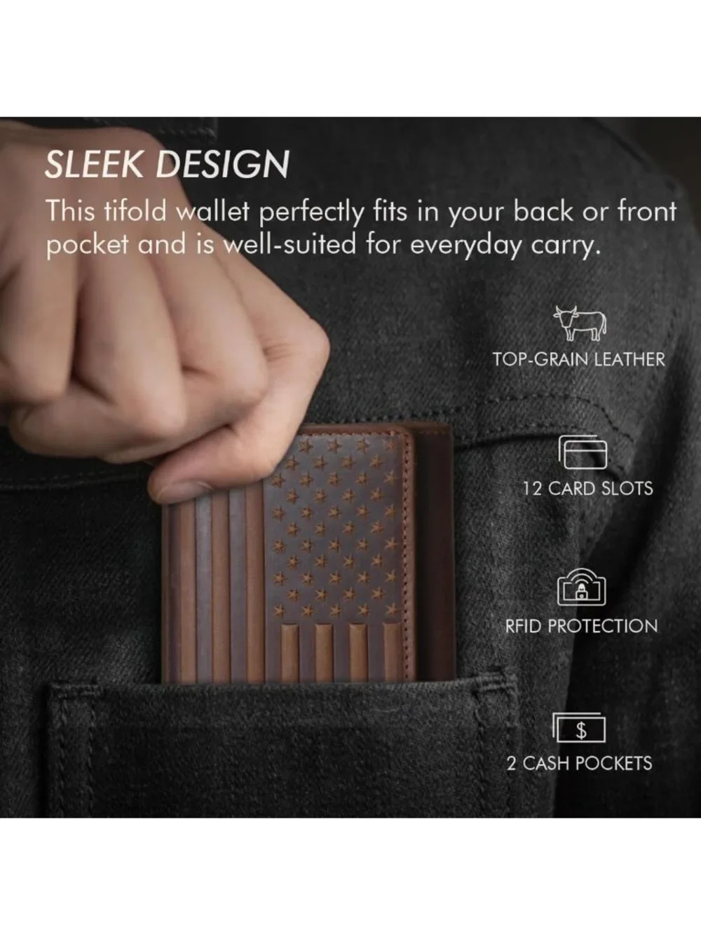 RFID Blocking Trifold Leather Wallet for Men, 12 Card Slots, Dark Brown Gift